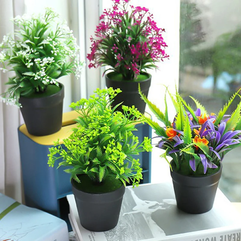 Small Artificial Bonsai with black Pots Fake Plants and Hops Flower Grass Artificial Green Plants Flower Bonsai