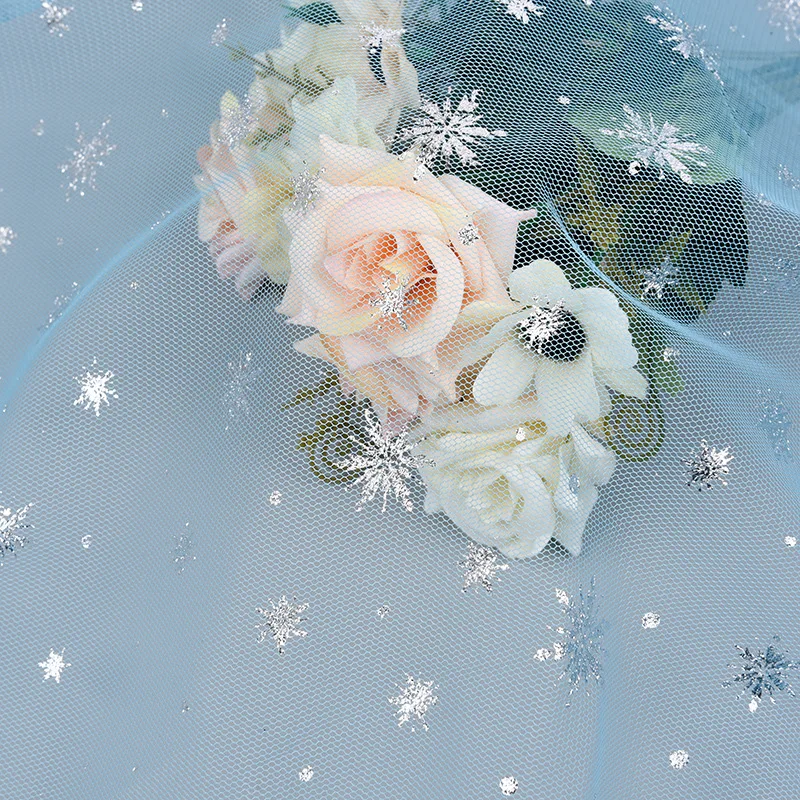 Christmas snowflake stamp tulle fabric snowflake  foil mesh fabric for dress