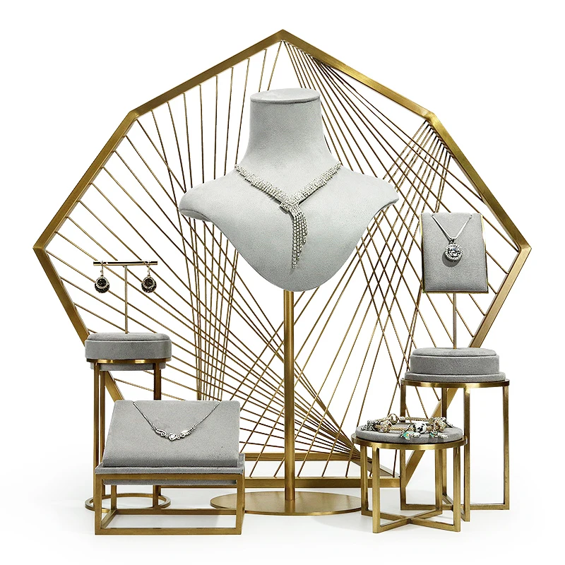 Custom LOGO Luxury Jewelry Rack Shop Store Showcase Exhibitor Metal Jewelry display Stand Set