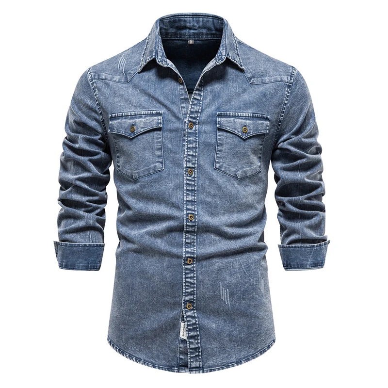 2023 vintage streetwear long sleeve denim jean shirt US size men casual cotton washed denim jeans shirt for men