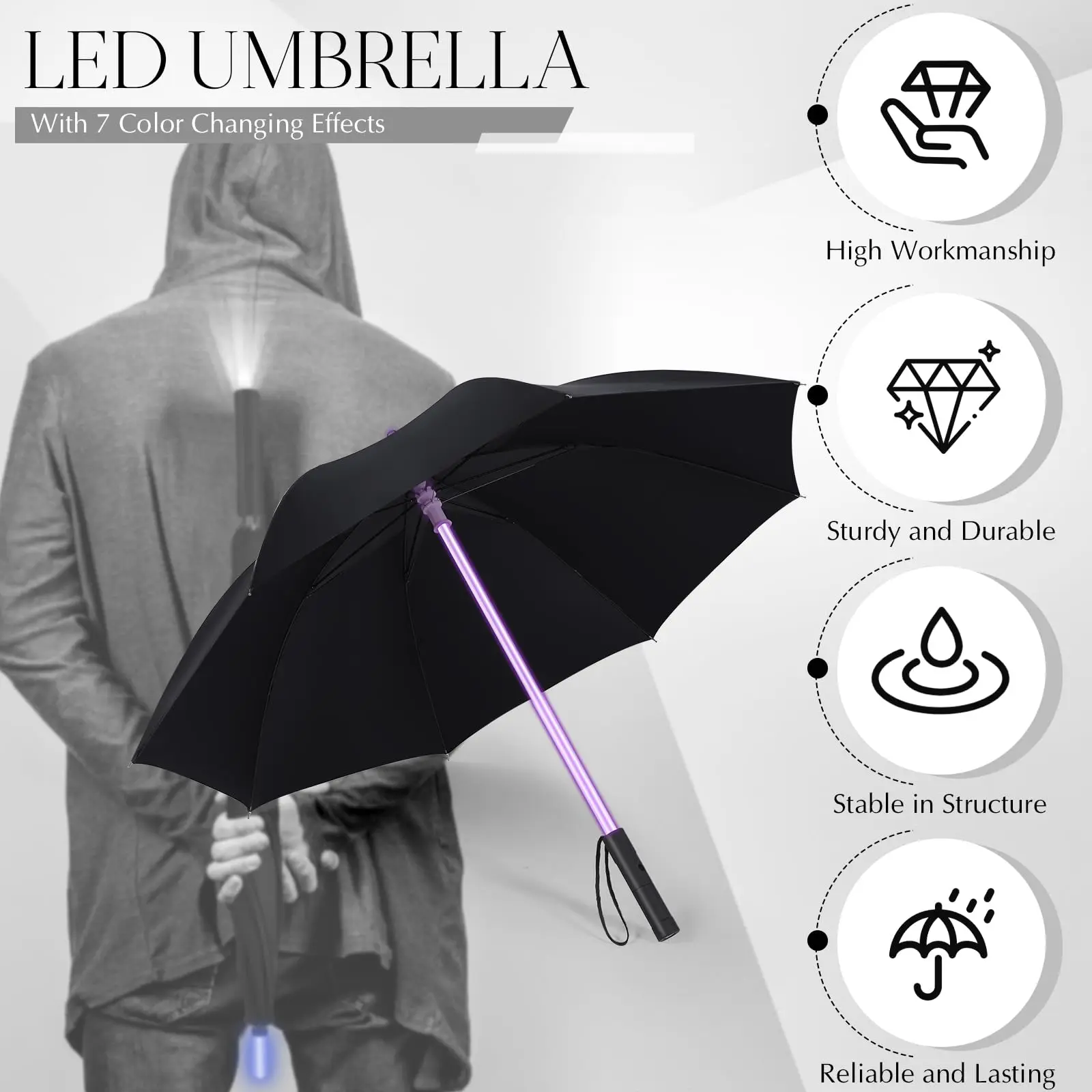 LED Umbrella Laser Sword Light up Umbrella with 7 Color Changing Effects Long Handle Straight Stick Umbrella Parasol 8 Rib