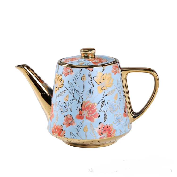 Europeanstyle tea cup set luxury Ceramic Coffee cups Tea pots Set 17Piece Gold Plated Wedding Gift