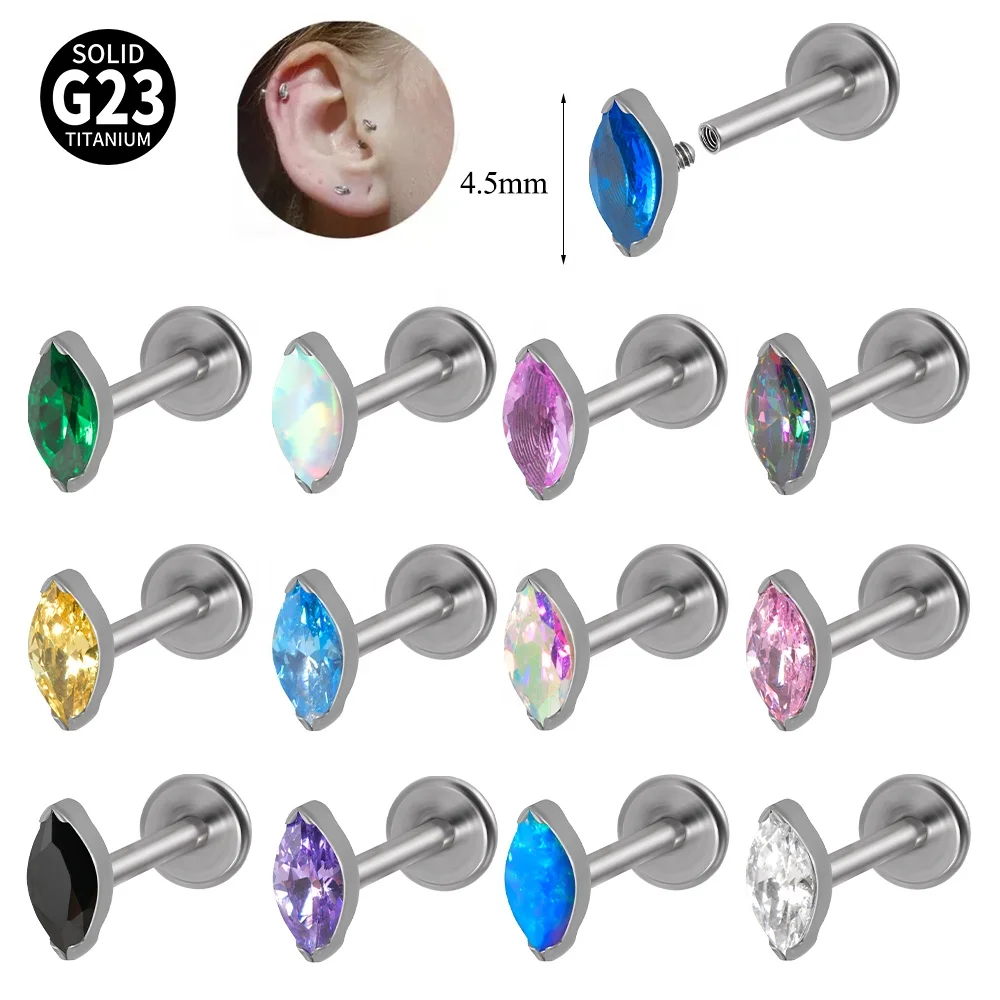 ASTM F136 Titanium Ear Tragus Cartilage Ear Studs Piercing Marquise CZ Zircon Internally Thread Labret  Body Jewelry