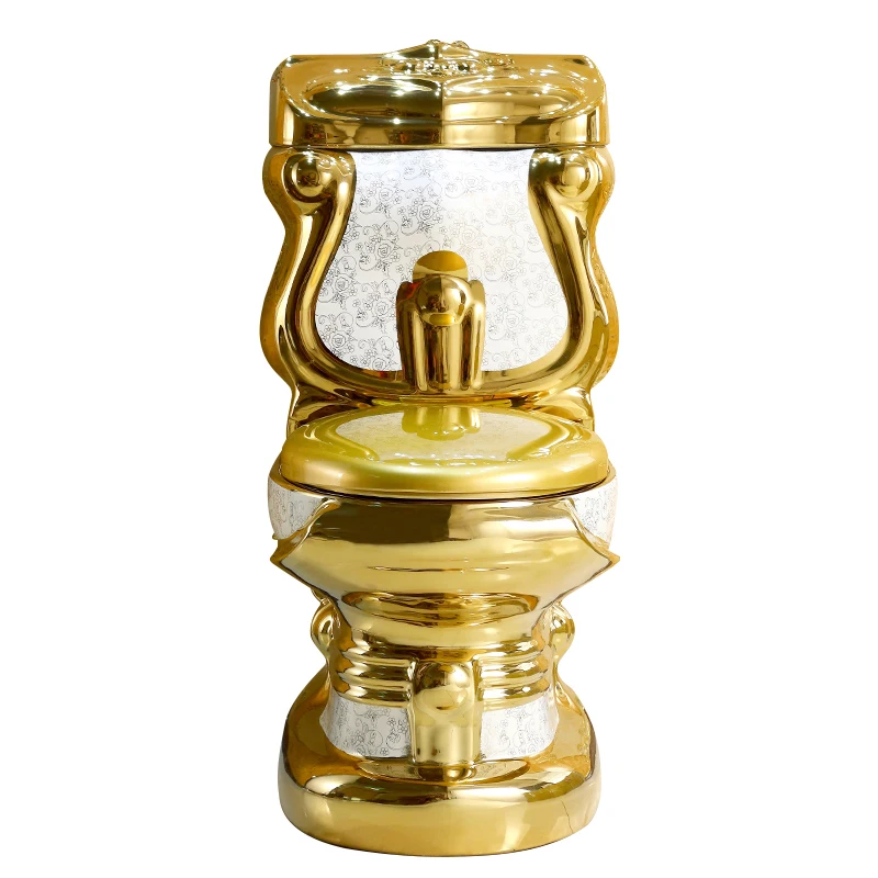 European luxury vintage golden color bathroom sanitary ware wc ceramic dubai gold toilet bowl and wash basin sinks two piece set