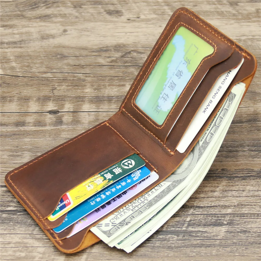 Тонкий складной кошелек для мужчин с окном удостоверения личности RFID-Блокировка ручной работы из кожи Crazy Horse держателем кредитных карт