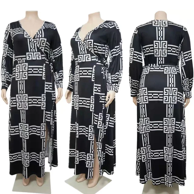 Fall 2021 New Arrivals Autumn Fashionable Elegant Digital Print Sexy Waist Maxi Dress Casual Dresses Women Plus Size