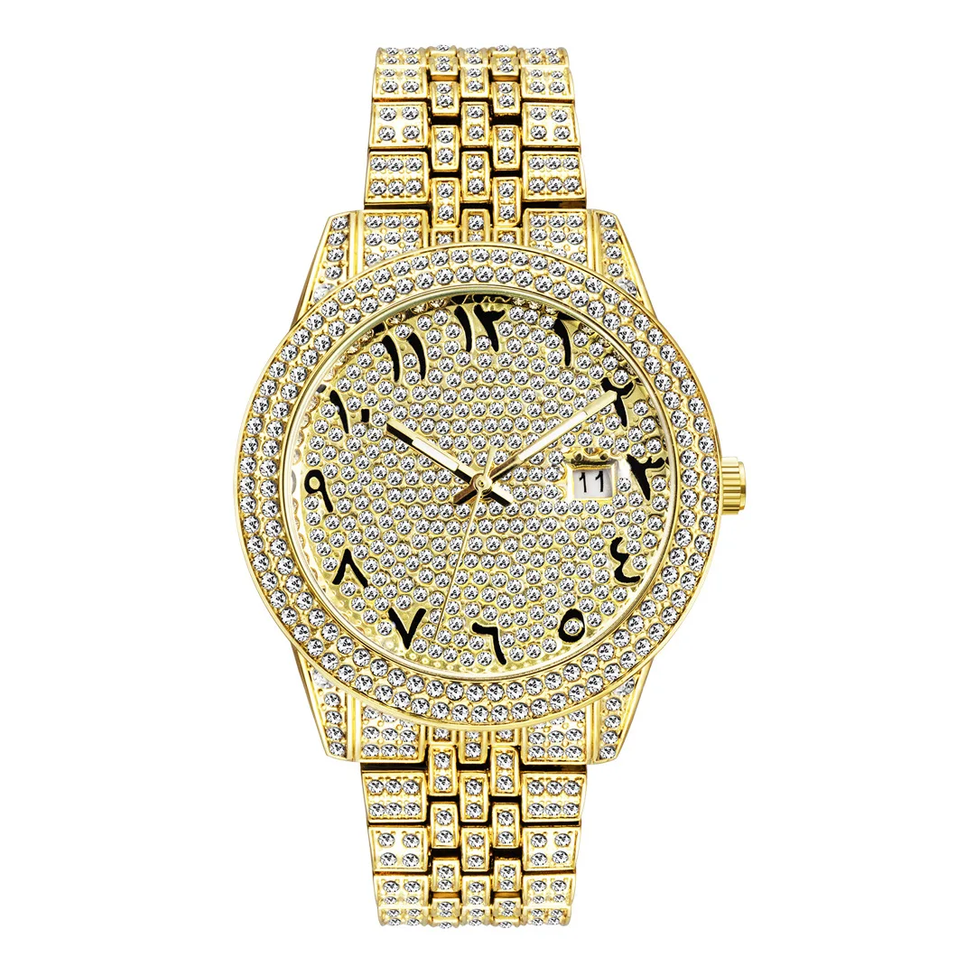 New golden full drill Arabia digital waterproof quartz quartz watch for men hip hop