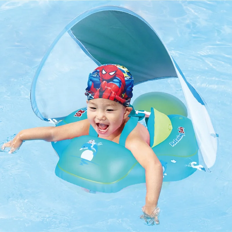 Baby Float Lying Swimming Rings For Pool With Sun Protection Canopy Add Tail Chamber Never Flip Over Baby Swimming Float
