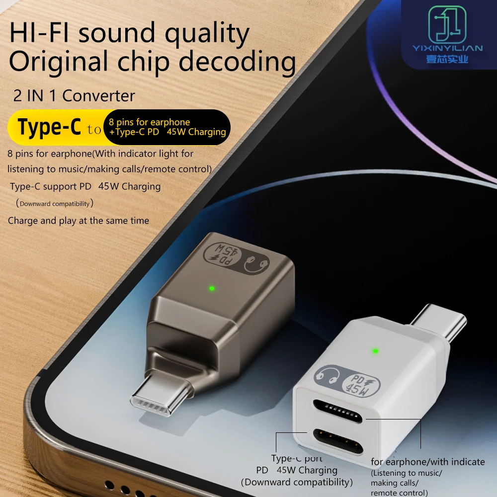 Quickly PD 2 in 1 converter 45W type c male to earphone HI-FI type c female fast charging port adapter for laptop macbook