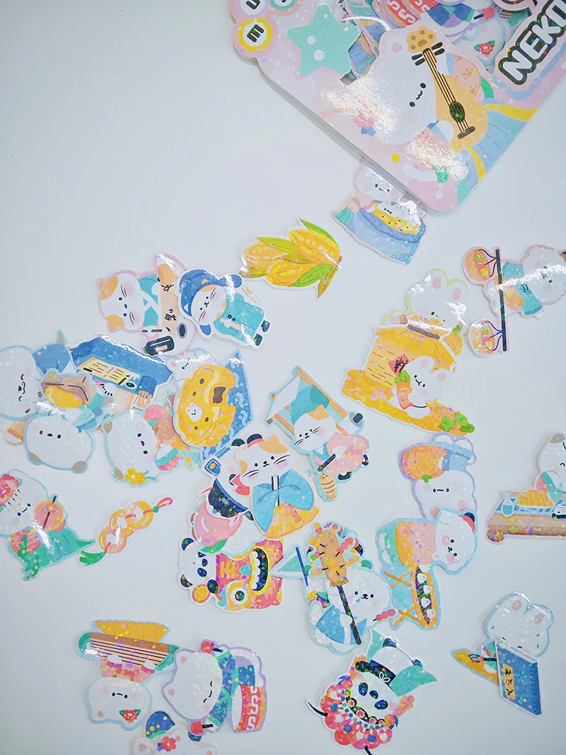 Nekoni Animal Original Chinese Vintage Stickers Kitty Bunny Otter Little Dog Panda Bear Sticker Pack Sparkly Glittery Stickers