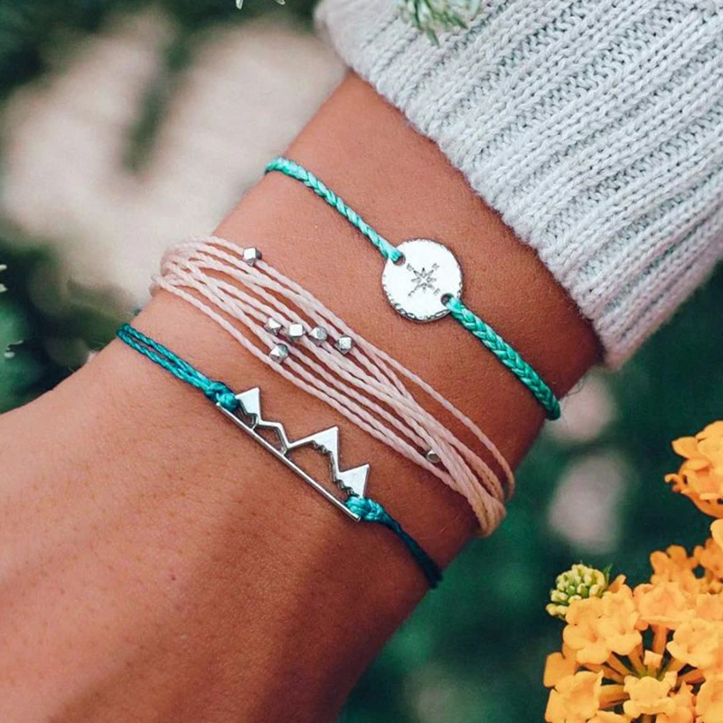 3PCS A Set Handmade Multi-layer Rope Braided Adjustable Custom Color Hand Woven Dainty Mountain Compass Charm Bracelets Women