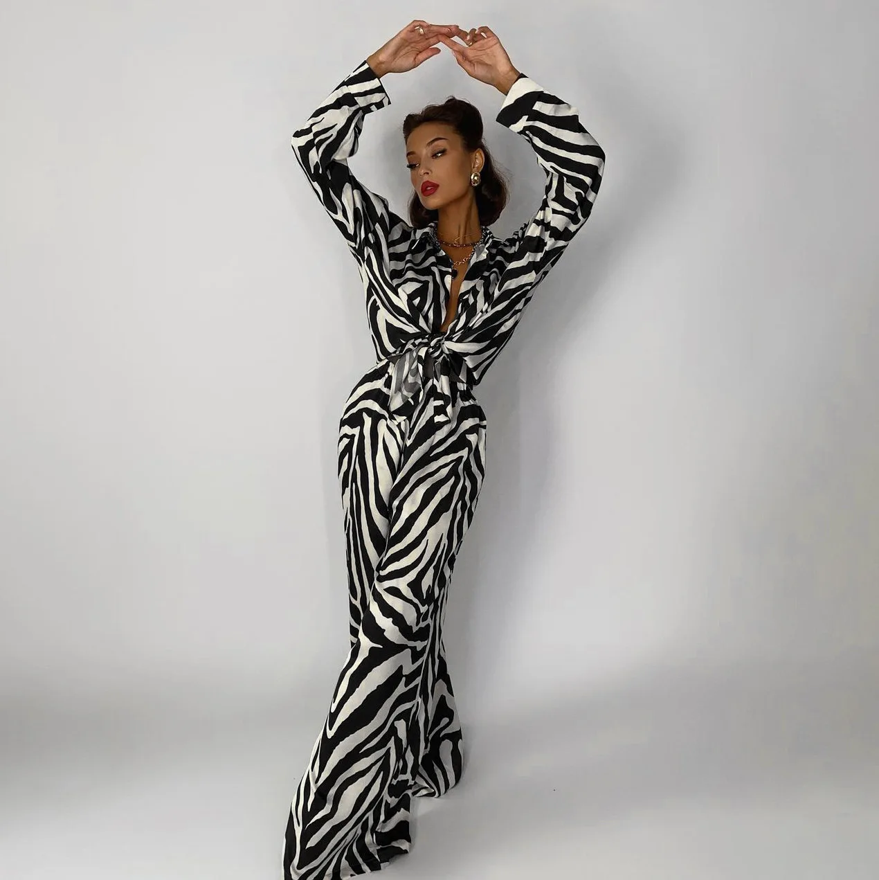New Product 2022 Spring V Neck Long Sleeve Blouse 2 Piece Sets Zebra Print High Waist Wide Leg Pants Set Women