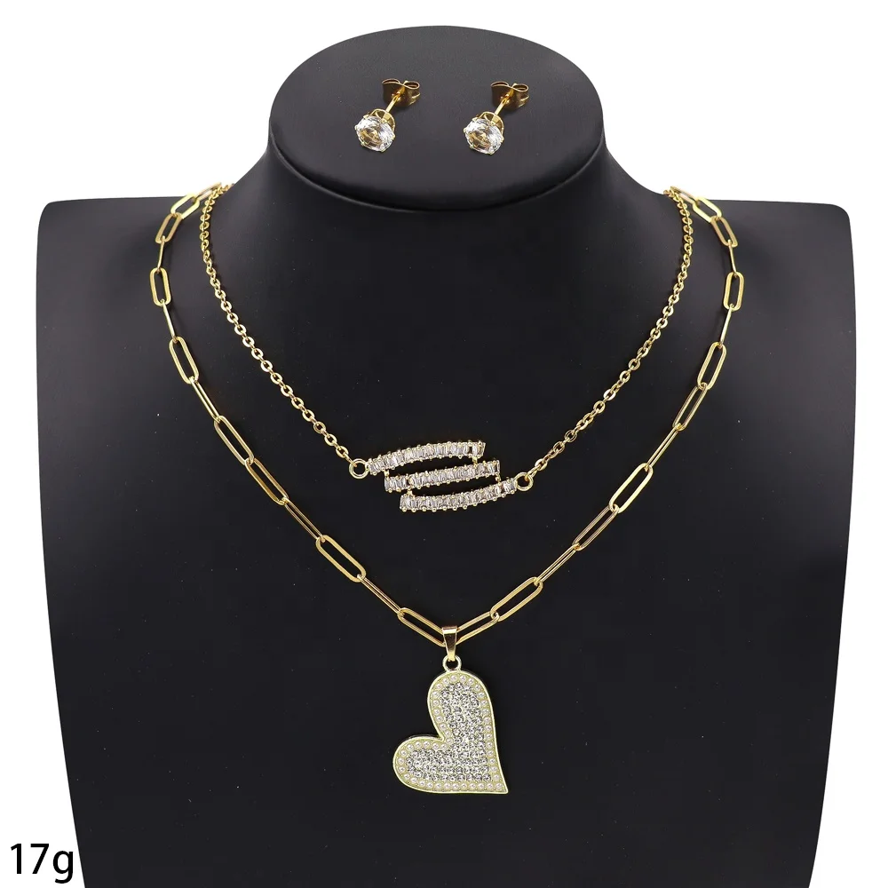Stainless Steel Heart Star Pearl Pendant Earring Multi Layered  Necklace Jewelry Set
