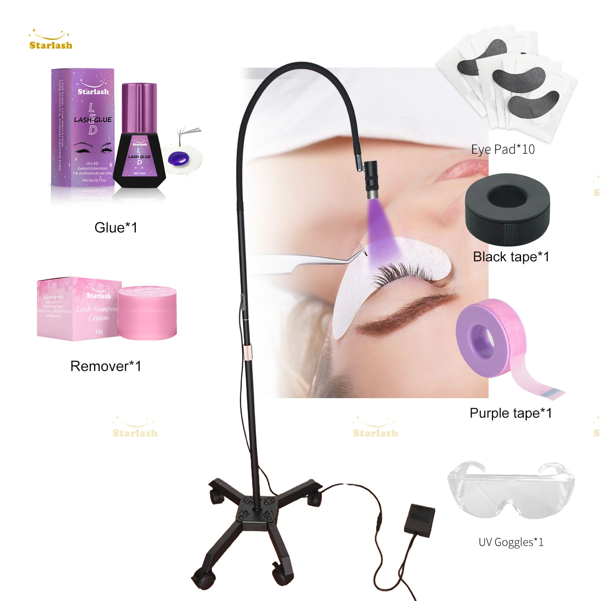 Starlash UV/LED 395-405nm 5W Lamp 2 Working Mode 2 Seconds Cure Black Clear UV Lash Glue Kit