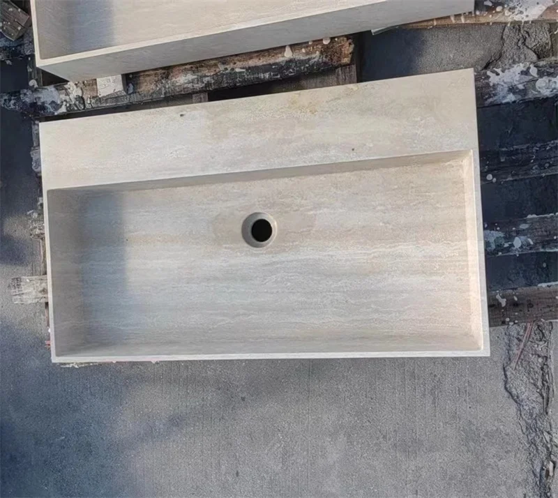 Factory Price Wall Mounted Bathroom Stone Basin Beige Travertine Wall Hanging Rectangle Bathroom Sink