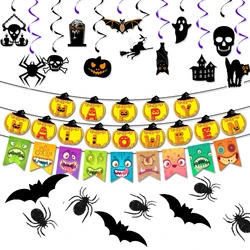 2022 Halloween Banner Party Decoration Cute Halloween Garland Banner with Foil Swirl Ceiling Hanging Cards Bat Spider sticker