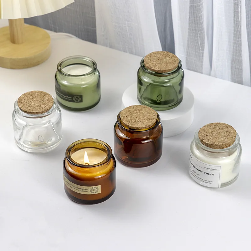 luxury small clear black amber green glass candle jar with cork lid wooden cork cap candle jar