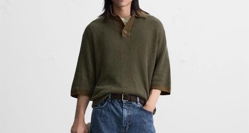 Man Dress Lapel Collar With Front Button Closure Short Sleeves Knitted Sweater Fashion Polo Neck Rib Hem Knitted Sweater For Man