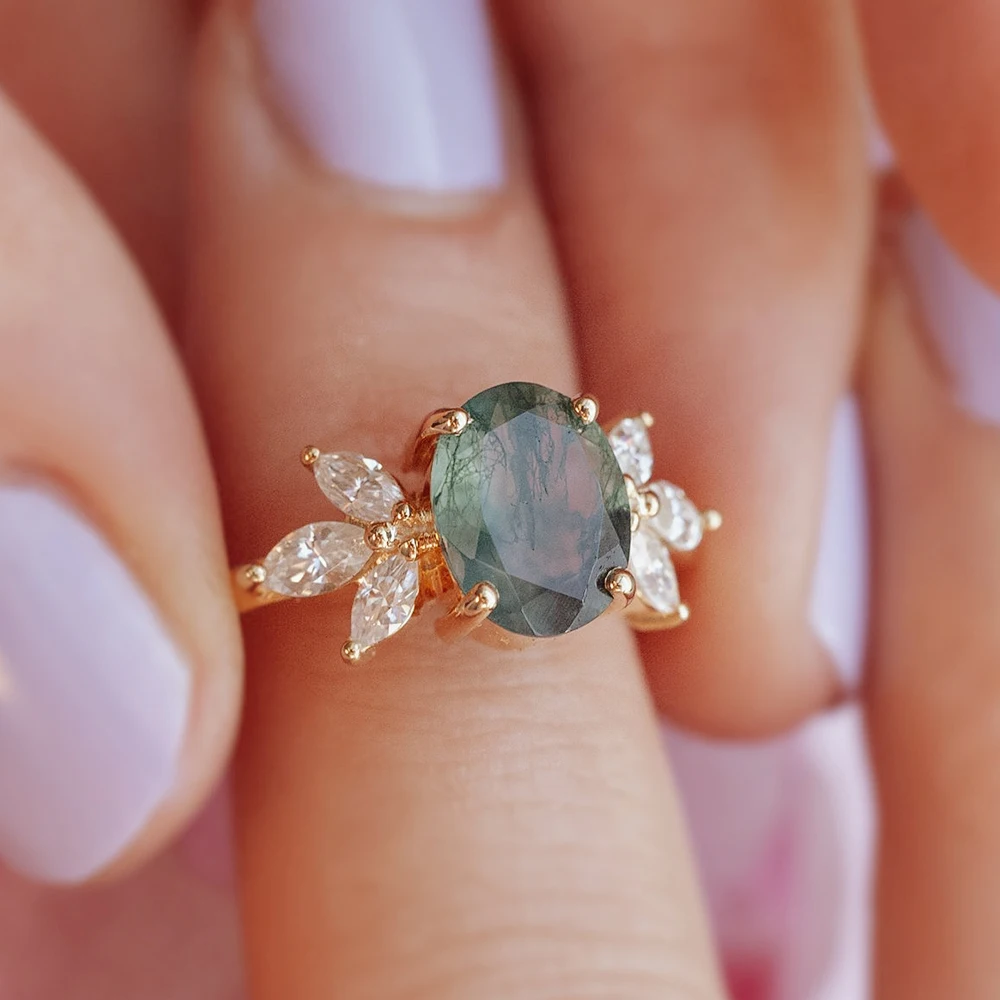 New Arrival Wholesale Beautiful Women Jewelry Oval Moss Agate Ring With Moissanite Engagement Wedding Promise Rings For Gift