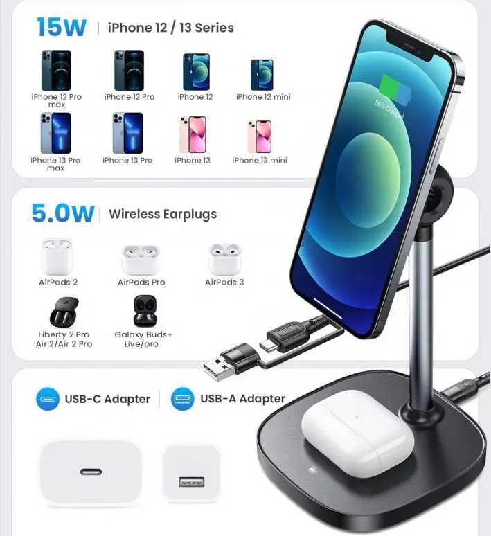 Aluminum Fast Charging Stand Wireless Phone Charger Station Dock for iPhone 15W 3 in 1 Magnetic wireless charging lamp
