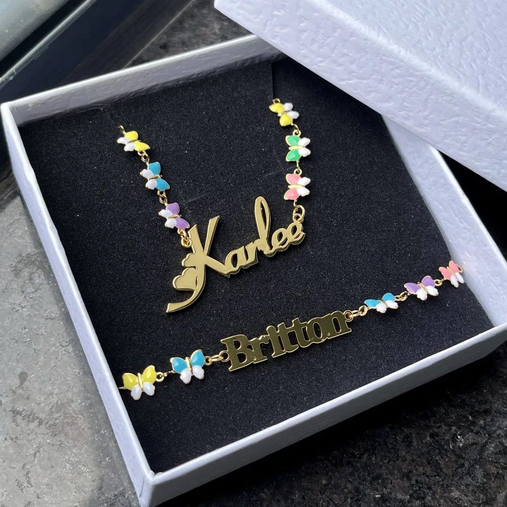 QIUHAN Mixed Color Enamel Nameplate Bracelet Stainless Steel Custom Name Butterfly Necklace