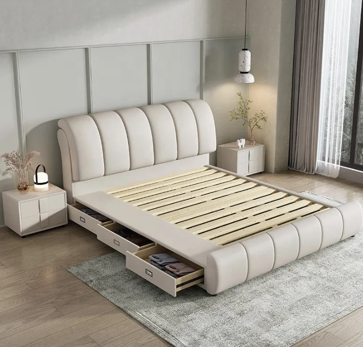 Kainice Leather Upholstered Bed Gas Lift Storage Soild Wood Design King Size Bedroom Furniture Wooden Bed Frame With Drawers