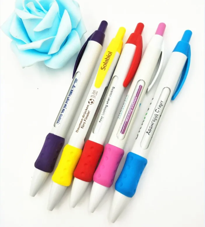 China Pen factory Made OEM Wide body TXT window Message Ball Pen with rubber grip