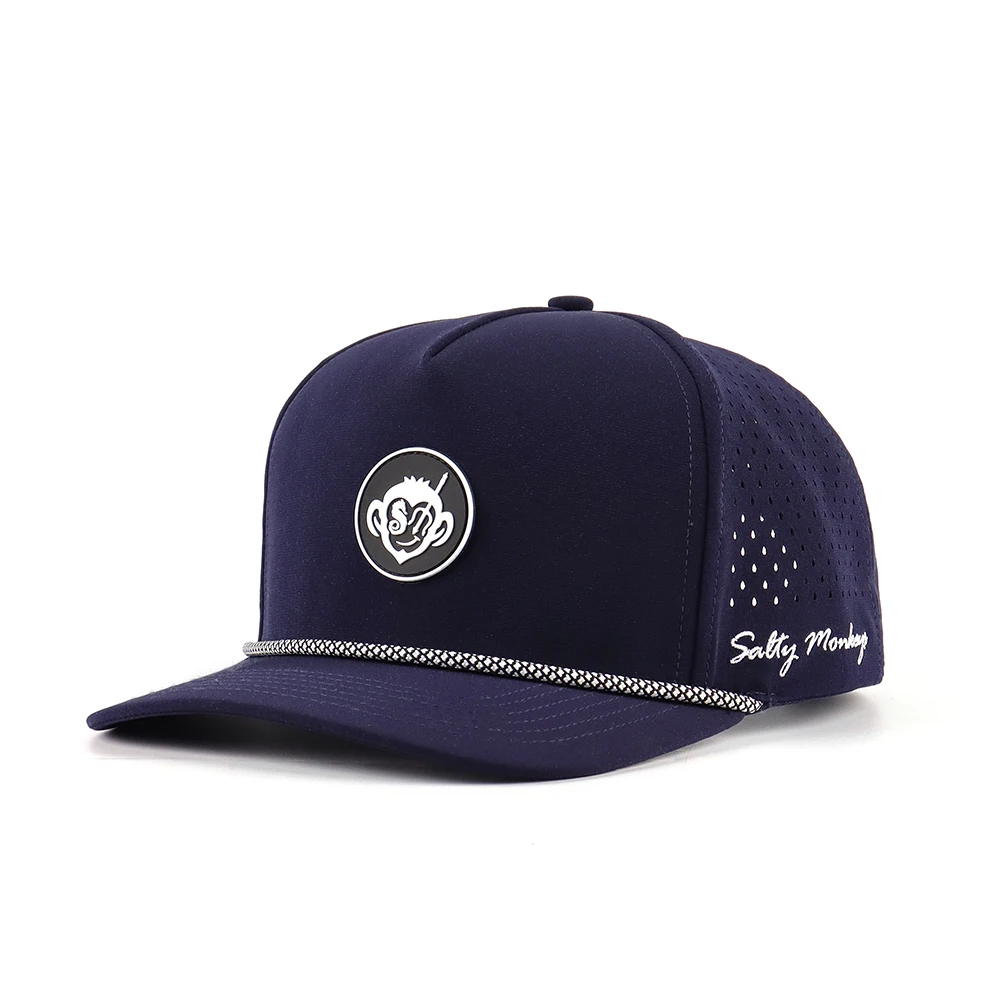 OEM ODM custom 5 panel mesh hats with rubber logo laser perforated hats caps hygroscopic and sweat releasing sweatband sport hat