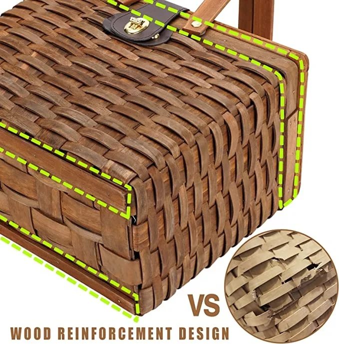 Woodchip Picnic Basket, Natural Handmade Woven Basket with Lid& Double Folding Handles, Wicker Basket & Storage Easter Basket