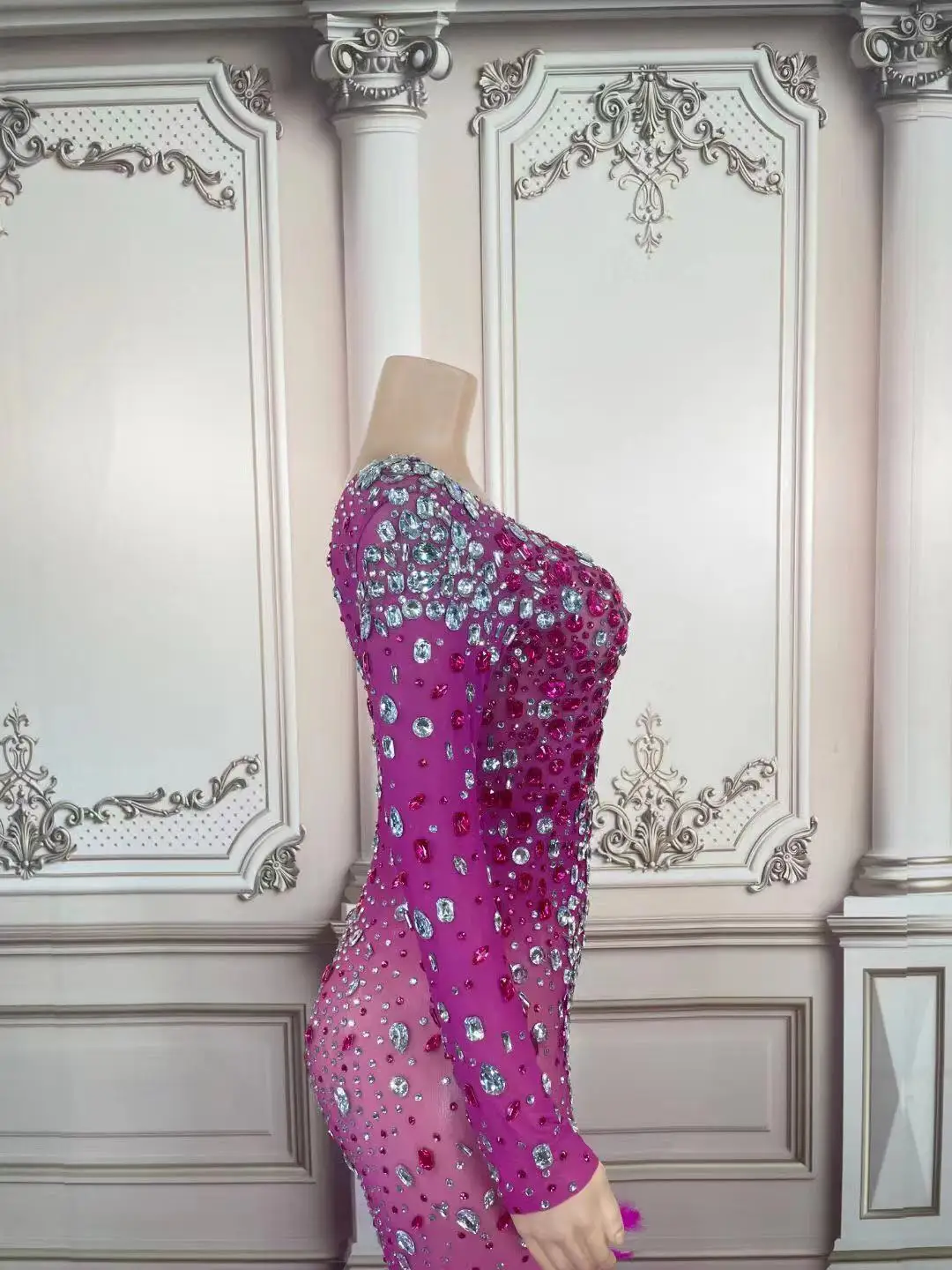 A7011 Fashion Purple Maxi Women Party Dress Beaded Feather Handmade Ladies Long Evening Dress