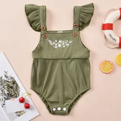 Baby Girls Summer Ribbed Rompers Toddlers Floral Printing Jumpsuit Flying Sleeve with Button bodysuit