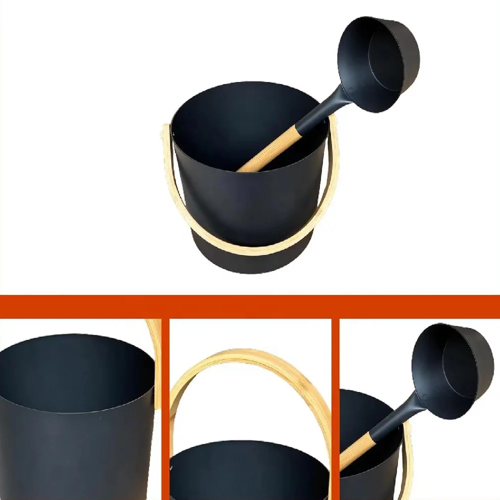 7L Sauna Room Accessories Aluminum  Bucket with Long Wooden Handle Spoon Spa Shower  Bath Kit