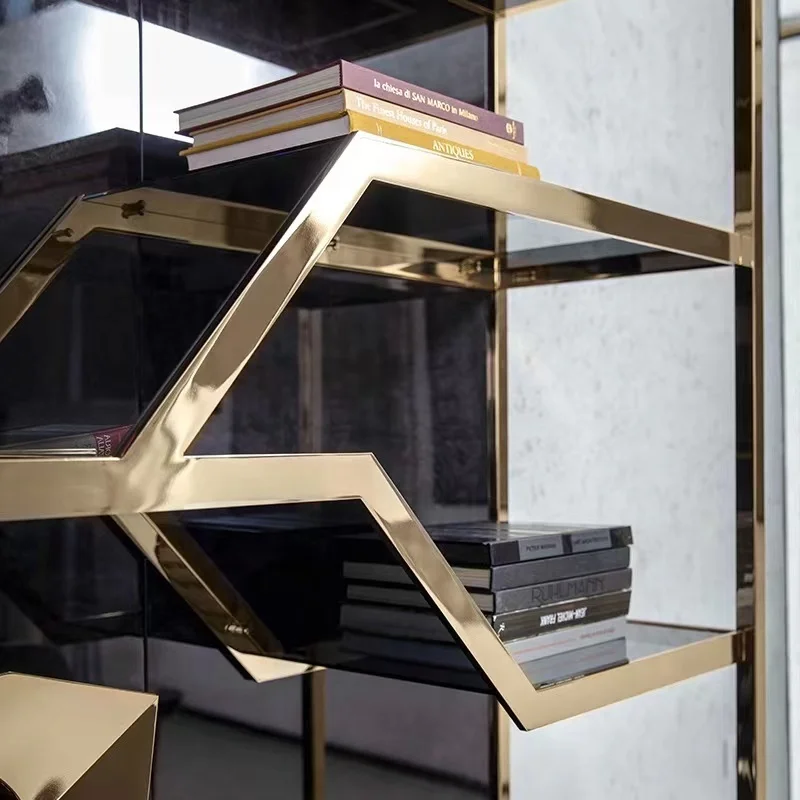 Light Luxury Stainless Steel Floor Stand Shelf Living Room Metal Gold Shelf Office Display Bookcase High-end Bookcase Furniture