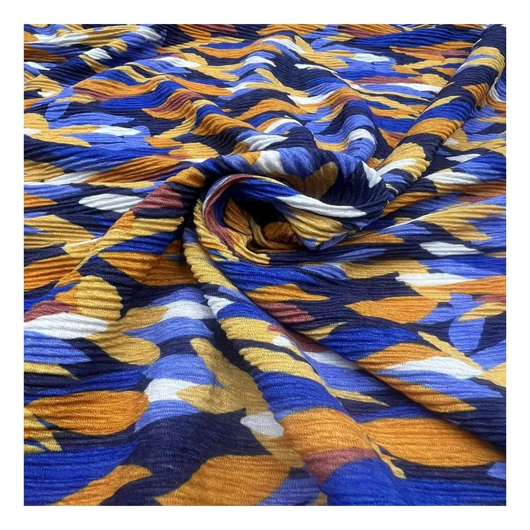 High quality 100% Polyester Printed Shiny Crumple pleated crushed wholesale fabric for women pleated skirt and dress