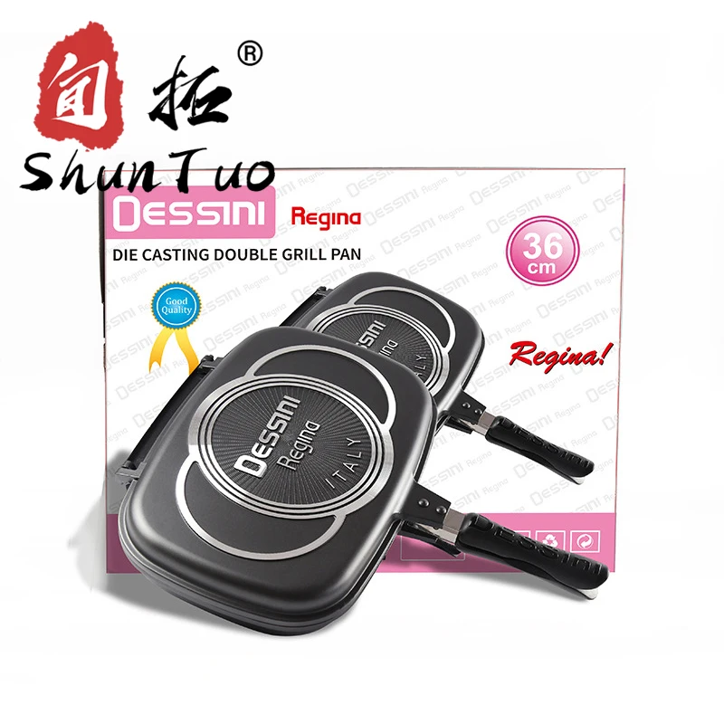 
coating pizza red enamel nonstick metal korea baking square fry bbq non stick double face aluminuim two sided grill pan 