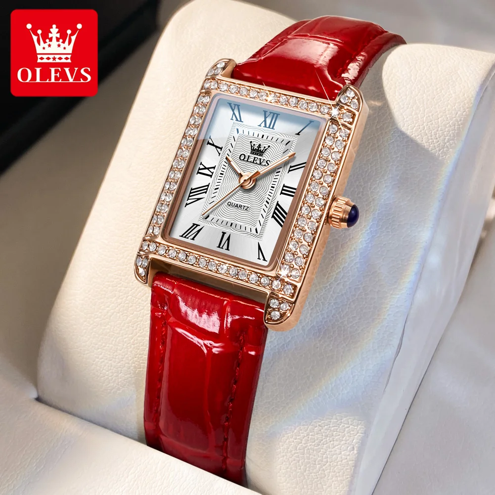 OLEVS 9935 Luxury Watches Women Square Rose Gold Wrist Watches Red Leather Fashion Watches Female Ladies Quartz Clock Gifts