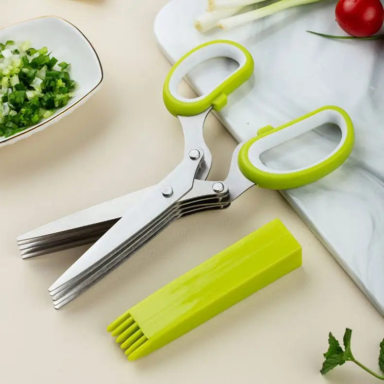 Multifunction Vegetable Kitchen Gadget Scissor Kitchen Herb Shear Cutter Stainless Steel 5 Blade Herb Scissor With Cleaning Comb