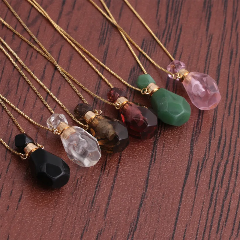 Wholesale Western Style Colorful Crystal Stone Pendant Necklace Flame Shape Perfume Aromatherapy Oil Bottle Pendant Necklace