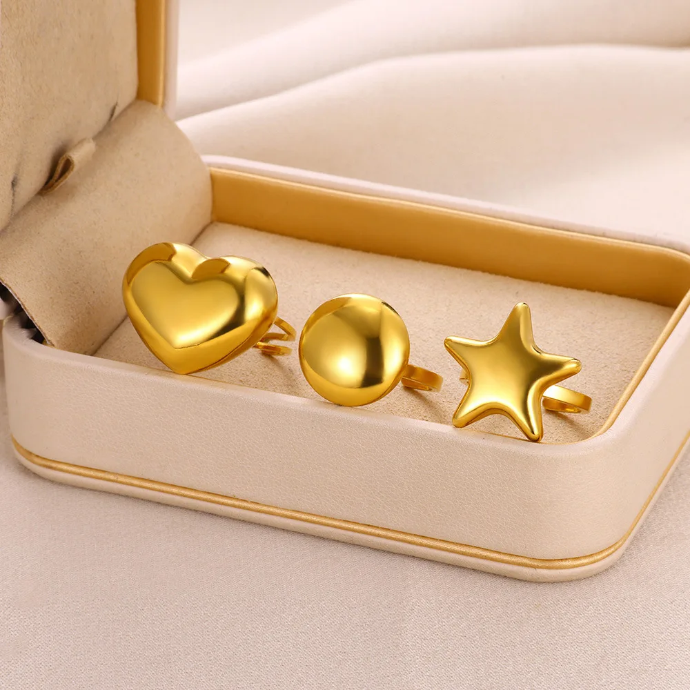 RS1120 Trendy Non Tarnish Gold Plated Stainless Steel Geometric Puffy Bubble Heart Star Round Dome Ring Simple Funky Jewelry