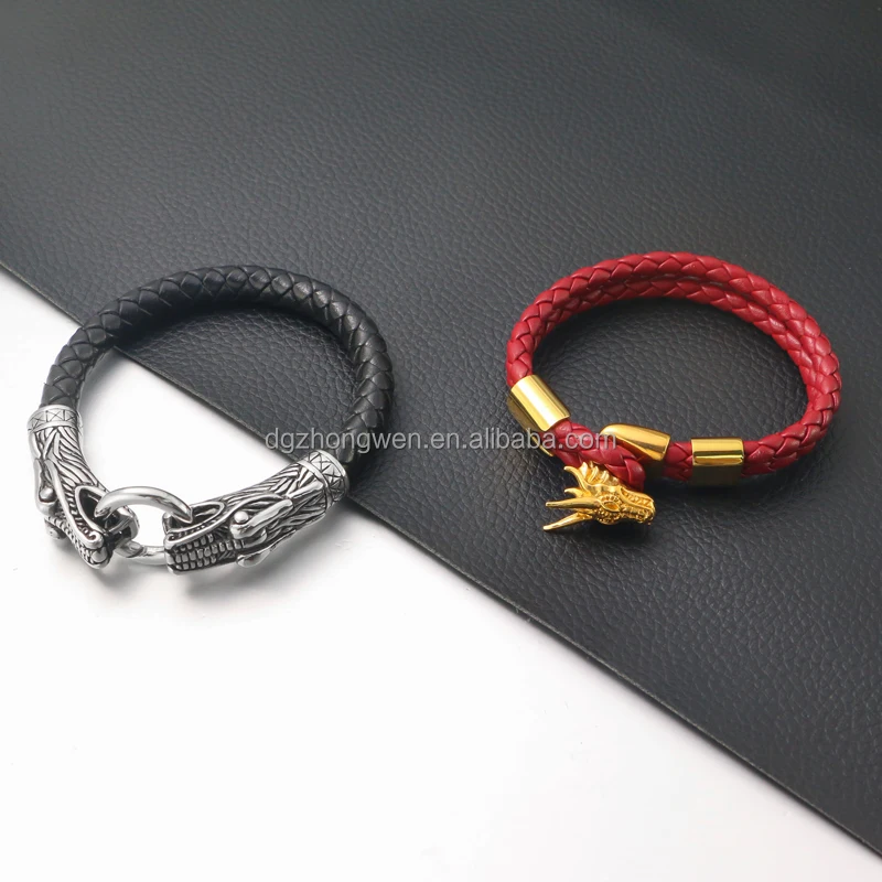 High Grade Dragon Head Punk Style Stainless Steel 18K Gold Plated Clasp Braided Leather Bracelet for Men