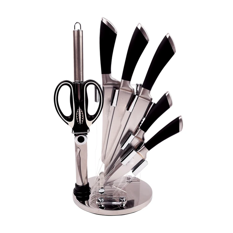 High Quality 8PCS Kitchenware Stainless Steel Sharpener Scissors Hollow Handle Chef Knife Set With Acrylic Stand