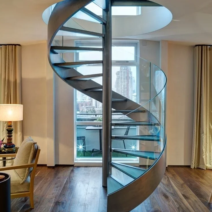 New Design Steel Wood Curved Stairs/ internal Residential Double Stringer Curved Staircase/glass  Spiral   stair