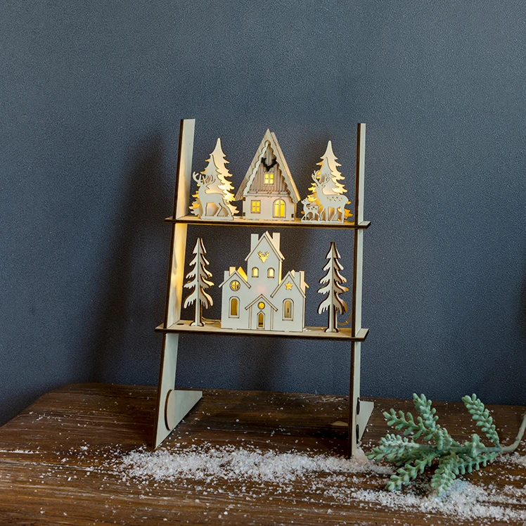 Kanlong  natural color H12.2inch led wooden table lamp 6LED shelves home  christmas table decoration  with house tree reindeer