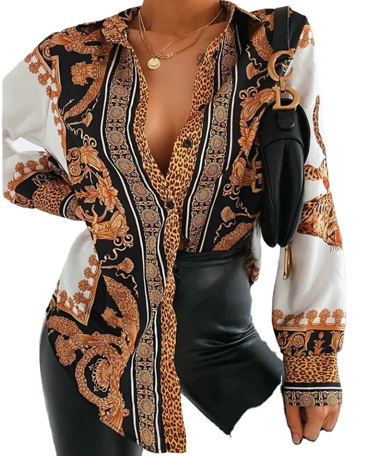 Baroque Leopard Print Casual Shirt Long Sleeve Top Ladies For Women Sexy Blouses