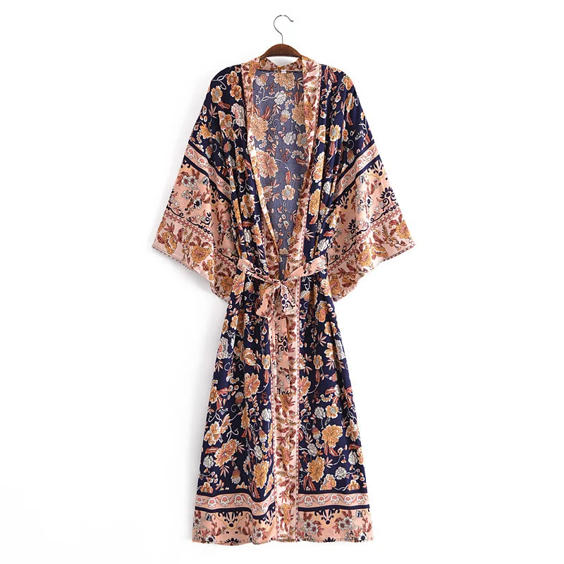 2021 Rayon Robes Cotton Floral Print Boho Chic Oversize Batwing Sleeve Holiday Beach Cover Ups Casual Women Kimono Dresses