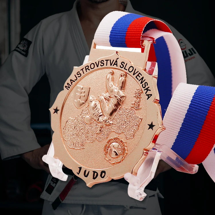 Giftin Copper Plated Gold Custom 3D Double Logo Judo Race Award Medal with Sublimation Ribbon Lanyard