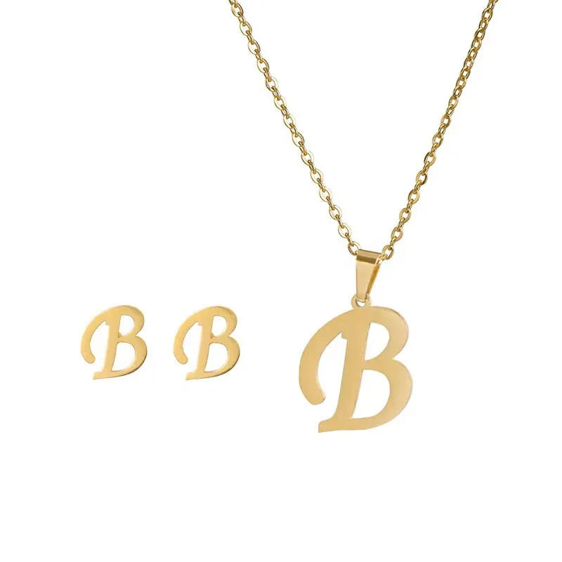 Best Sell Customizable Stainless Steel Cross Chain 26 English Letters Pendant Necklace Earring Set for Women