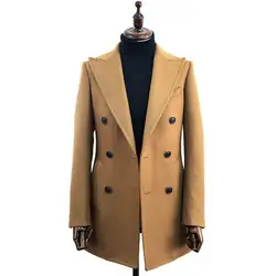 Brown double breasted men long overcoat shawl lapel fashion winter long wool great coat with belt