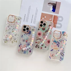 Plating Pearl Chain Wrist Bracelet Phone Case for IPhone 13 11 12 Pro Max Flower Pattern Hard Back Cover
