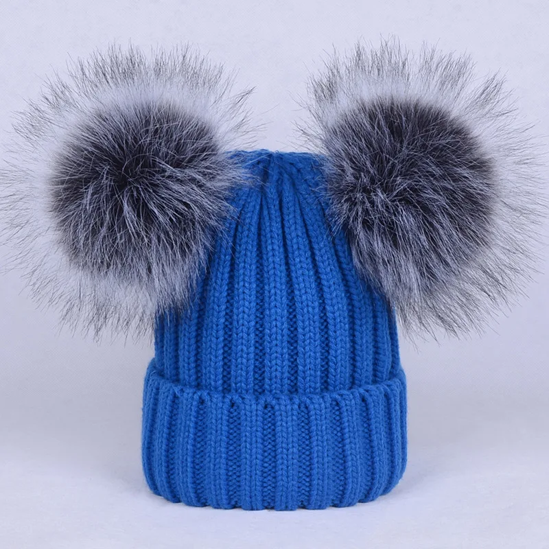2024 New arrival ebay hot sale faux silver fox knitted hat with double fur pom poms  for children adult